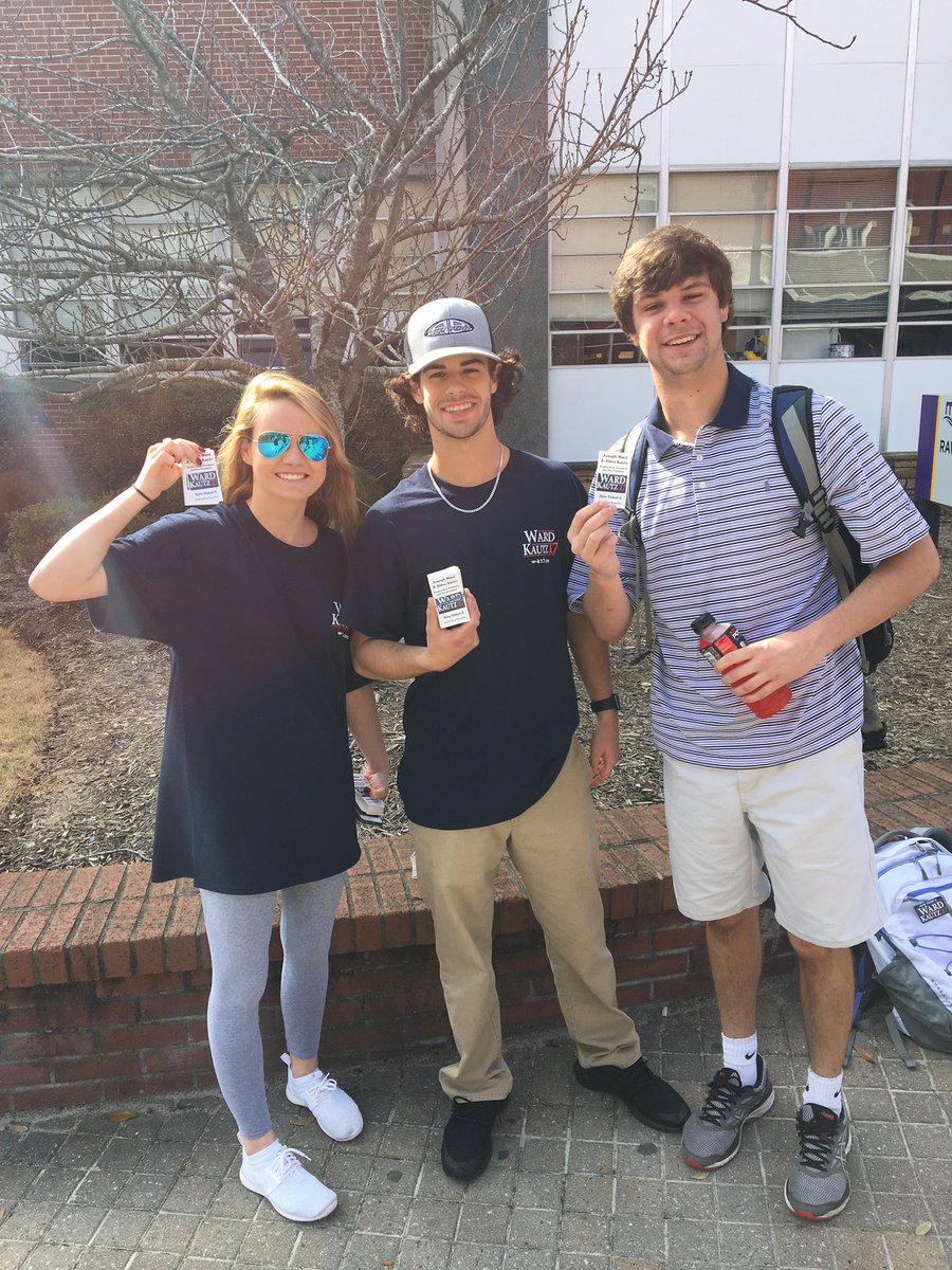 ECU_Ticket4's tweet photo. Our team already reeled in their first voter! Go see @brandonAmetcalf and @erincfox0 outside Dowdy and pick up a campaign card! #voteticket4 https://t.co/KZSlFlcSJn