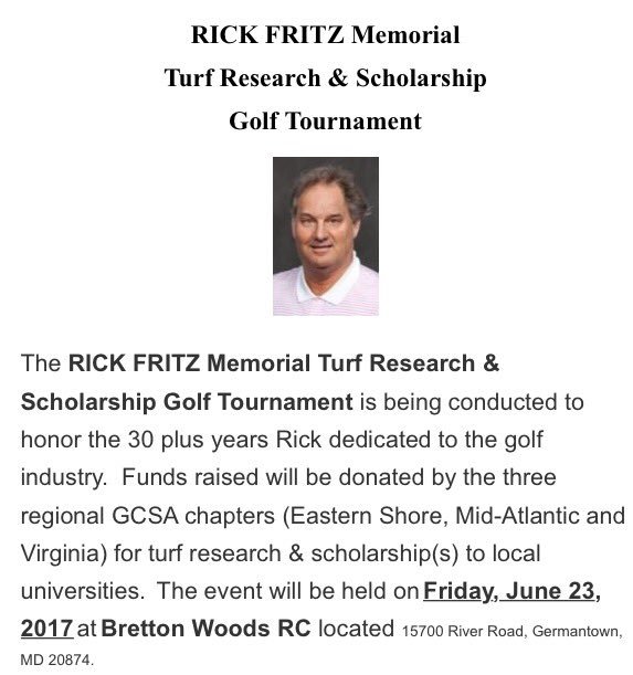 turfpathology's tweet photo. Dean Graves announces the Rick Fritz Memorial Tournament June 23, 2017 Save the date 👍 to celebrate Fritzee #maagcs https://t.co/NE0Nl6sou0 https://t.co/F4YjdjR2wG