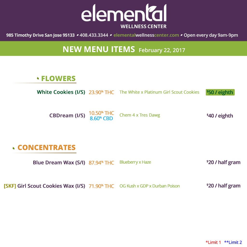 Elemental2009's tweet image. MENU UPDATE &amp;gt;&amp;gt; #WhiteCookies are a tasty new addition + #BlueDream Wax in @ 87% #THC 🌃 #elementalupdate