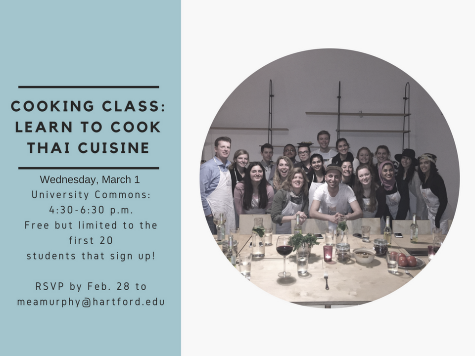 HawksAbroad's tweet photo. Do you love Thai cuisine? Register for our FREE Thai cooking class. There are only 20 spots available, so act now! #IntlWeek17 @UofHartford https://t.co/U7G6KP3Pts
