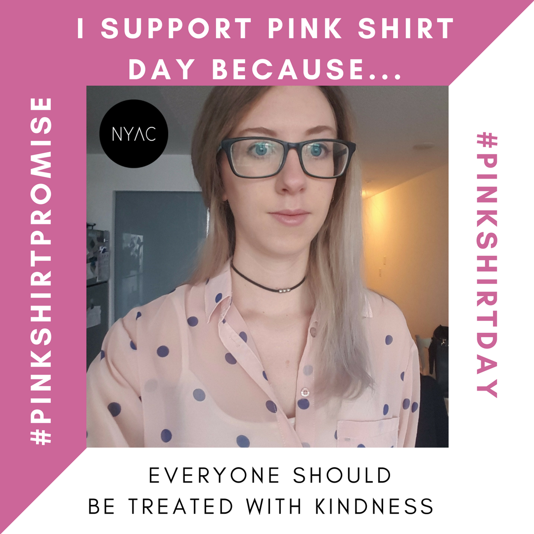 NYAC_'s tweet photo. "I support pink shirt day because everyone should be treated with kindness"- Sam Docherty, Coordinator #PinkShirtDay https://t.co/MtpeuoqZFR https://t.co/CcwpVIcM7r