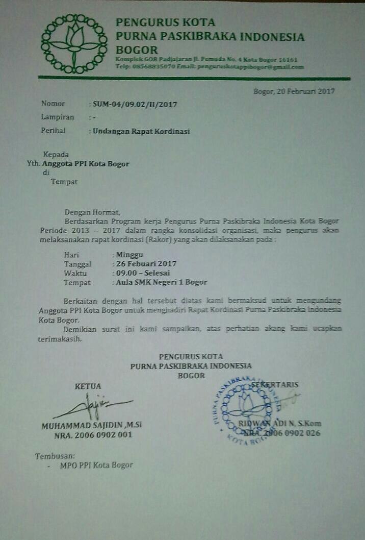 Undangan Rapat Koordinasi (RAKOR) PPI Kota Bogor Periode 2013-2017, 26 Februari 2017 di Aula SMKN 1 Bogor