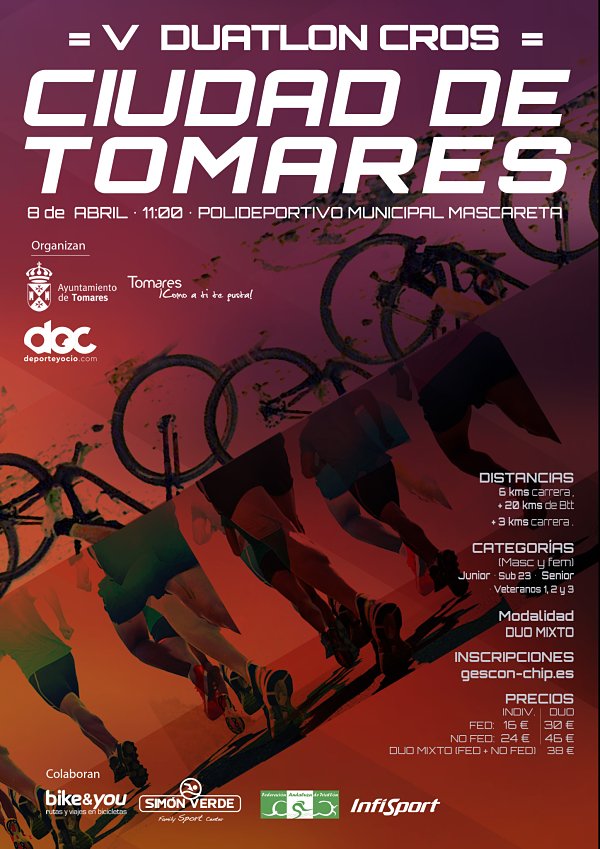 Abiertas las inscripciones del V Duatlón Cros Ciudad de Tomares, que se celebrará el sábado 8 de abril.

+INFO: ow.ly/bIFS309fVpj