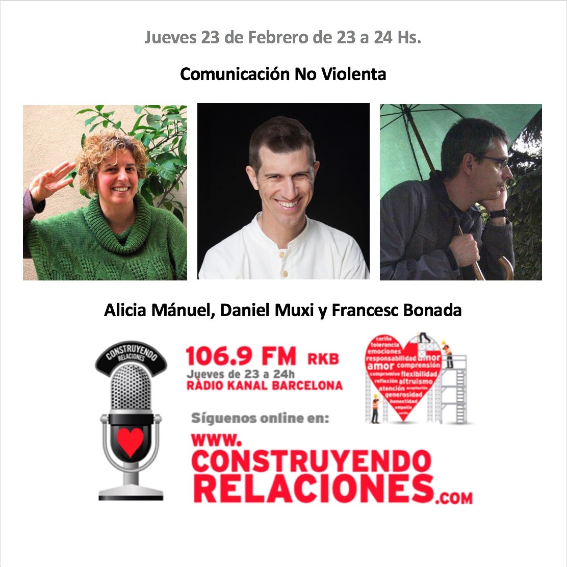 RCRBarcelona's tweet photo. Mañana el equipo de #Conecta3, formado por Alicia Mánuel, Dani Muxi y Francesc Bonada, nos hablará de Comunicación No-Violenta #CRelaciones😃 https://t.co/ehEl5SA5hV