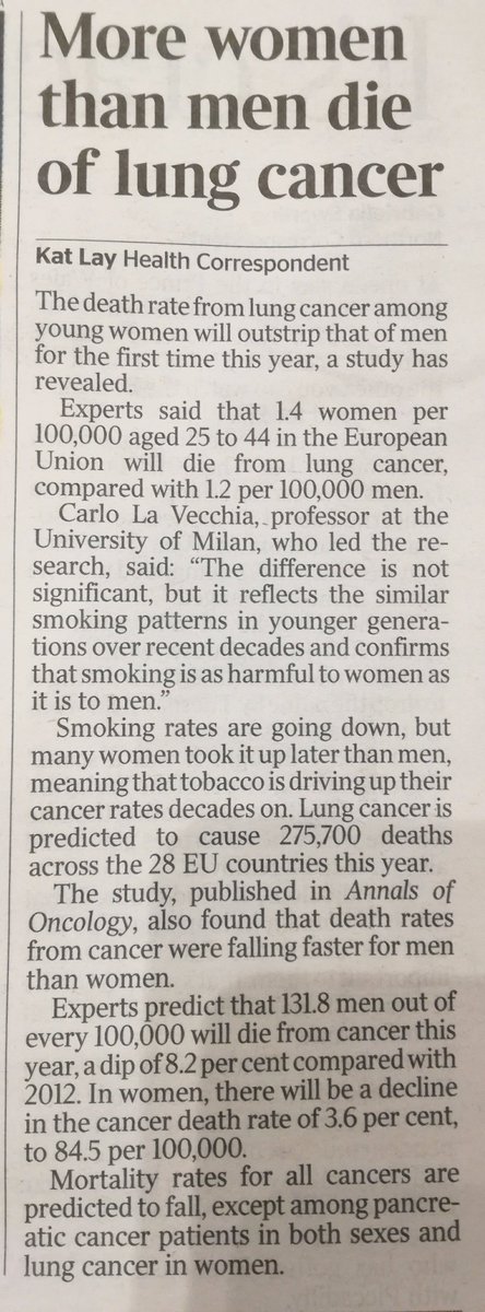 More women than men die of lung cancer - headline in The Times