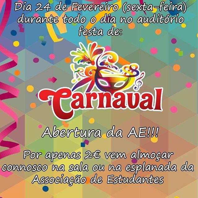 AEstudantesesjp's tweet photo. Festa de Carnaval, Inauguração da AE e almoço a 2€, tudo no mesmo dia, o que é que se pode pedir mais?!! 😮
Contamos a tua presença! 🙌❤❤ https://t.co/xWptTyZdbE