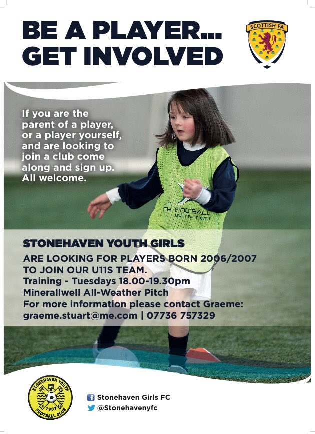 Any budding young female footballers out there?
Looking for 2006/07 girls but all ages welcome! Get in touch if interested <a href="/Stonehavenyfc/">Stonehaven Youth FC</a>