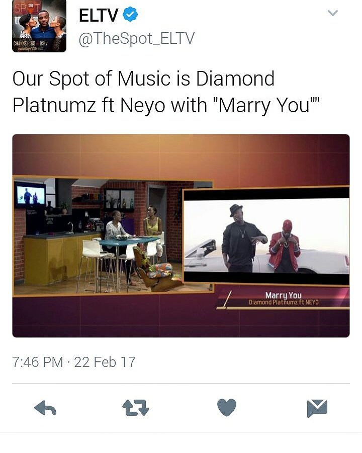 lukaya_SJ's tweet photo. Thank you @EbonyLife_TV @TheSpot_ELTV 🙌🙌 #MarryYou #MarryYouDN by @diamondplatnumz ft @NeYoCompound 🔥🔥cc @Sallam_SK https://t.co/iCbBO7zW4k