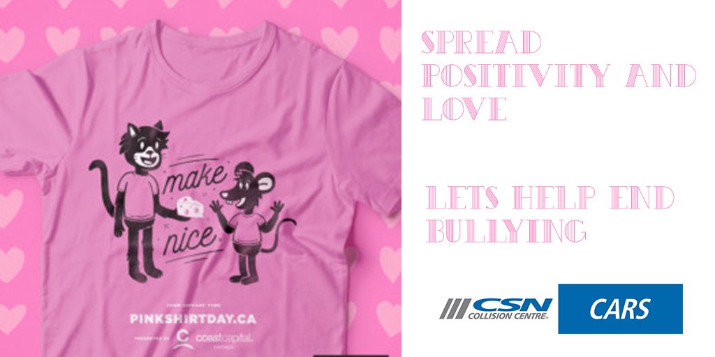 csncars's tweet photo. Spread love and lets help end bulling #PinkShirtDay #February22 https://t.co/2Wr2f3qgXF