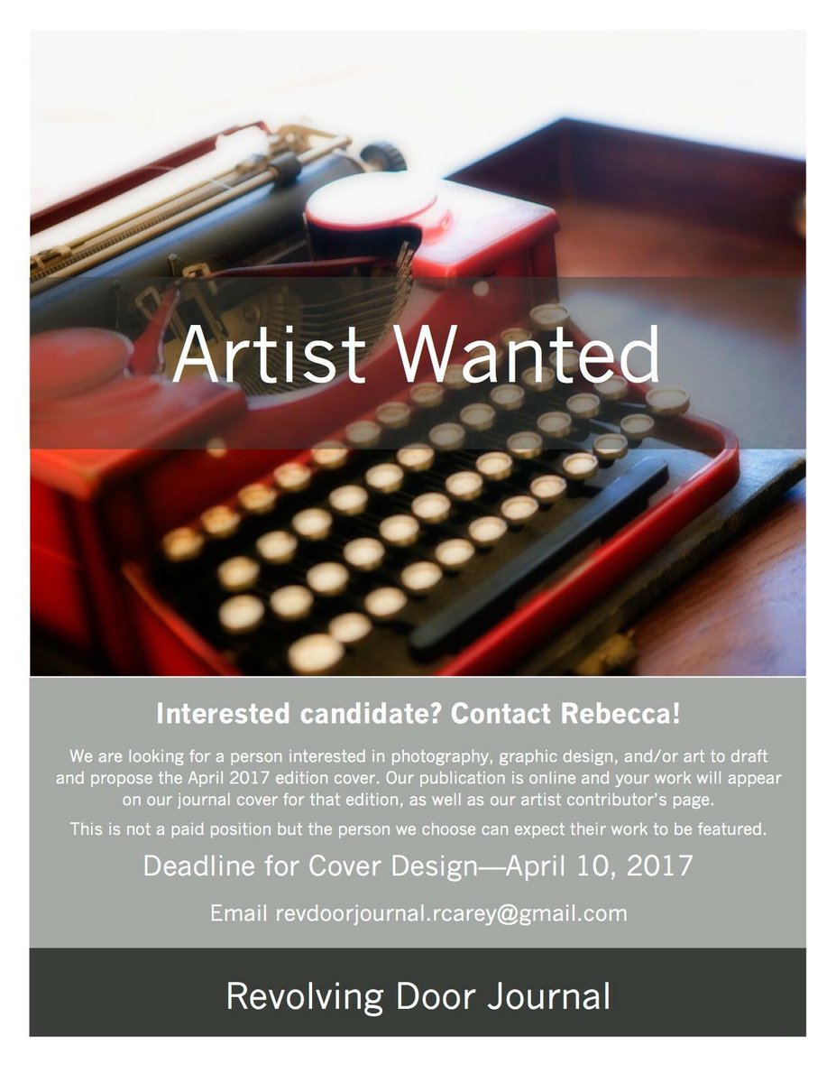 RevDoorJournal's tweet photo. RDJ is looking for an artist!

#revolvingdoorjournal #artist #artistwanted #graphicdesign #photography #art #coverdesign #checkitout #design https://t.co/gRicd4fPf5