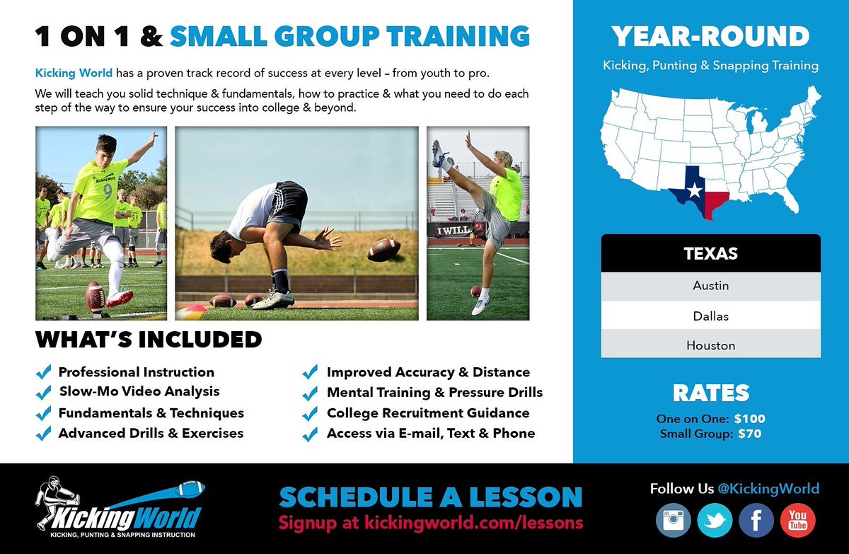 KickingWorld's tweet photo. Train with Coach Brent (kicking/punting) and Coach Cade (snapping) YEAR-ROUND in Texas!
#TexasForever #kickingcoach #snappingcoach https://t.co/C7R9UaDSgY