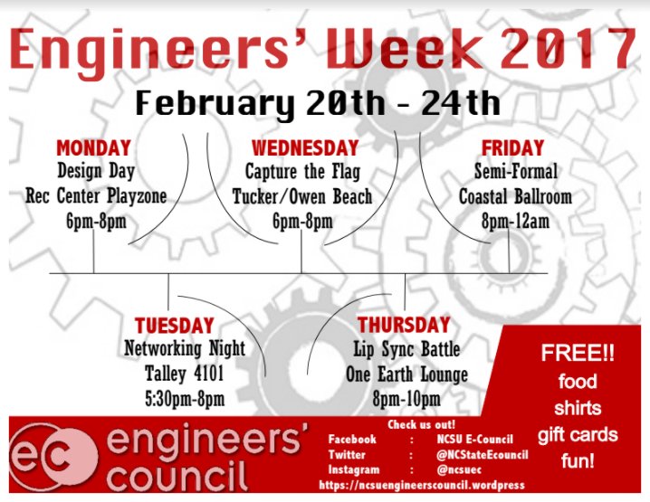 NCStateECE_Amb's tweet photo. Engineer's Week 2017, presented by the engineers' council is on the horizon! Check out all the events going on the week of February 20-24! https://t.co/bcSwpZZtO6