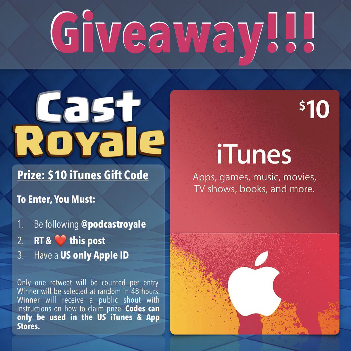 GIVEAWAY: $10 iTunes Gift Code  To Enter:  Follow @podcastroyale RT & ❤️ this post Have US AppleID  Winner selected in 48 hours.  BOOM 👊🏼