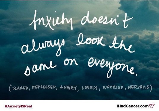 ihadcancer's tweet photo. It could be fear, depression, anger, loneliness, worry, nervousness... there are a lot of faces to #anxiety. It's not the same for everyone. https://t.co/xMZEHV4JOP