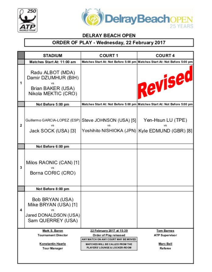 DelrayBeachOpen's tweet photo. REVISED ORDER OF PLAY for today's sessions https://t.co/hoRIcRickZ
