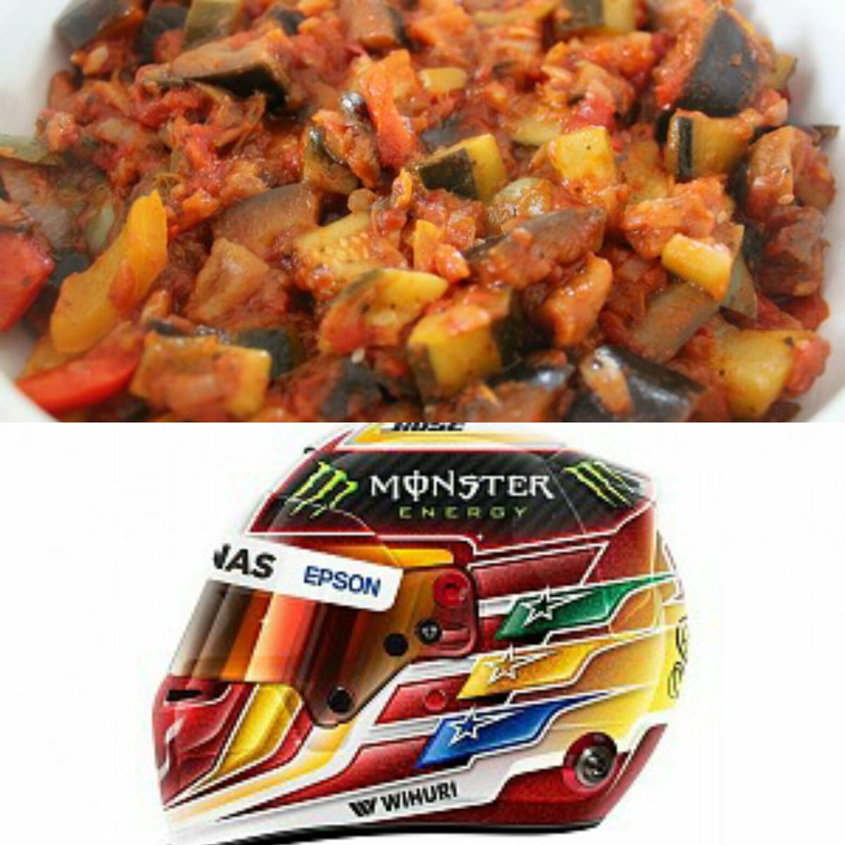 TheMikeNoon's tweet photo. Lewis Hamiltons new helmet honestly looks like a bowl of ratatouille. #F1 #LH44Design https://t.co/m7j20U8RPW