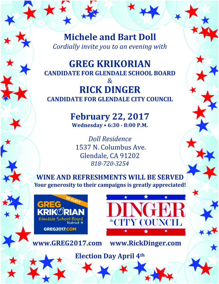 Greg_2017's tweet photo. *Hosted by Michele and Bart Doll*: 

Join us at our candidate meet and greet tonight. Chat with Greg Krikorian before April 4! #PickKrik https://t.co/DuNxSuhG8c