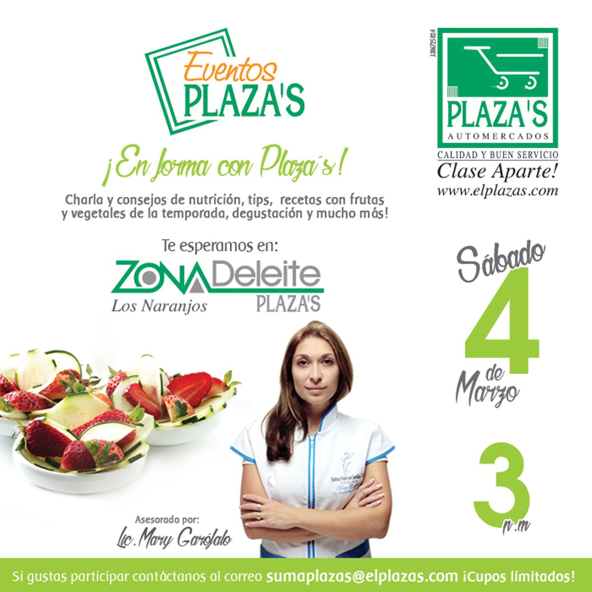 elplazas's tweet photo. Charla y consejos de nutrición, tips, recetas con frutas y vegetales, degustación y mucho más ¡En forma con Plaza´s!  @marygarofalo https://t.co/8PjRtt2KPf