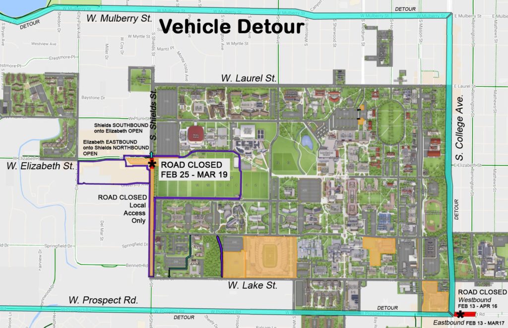 ColoradoStateU's tweet photo. Heads up! ⚠️ Shields St. closing for 4 weeks on Feb. 25. We've got recommended detour routes here: https://t.co/Y1wEZHTr5p #CSUConstruction https://t.co/fTWE56iy6Q