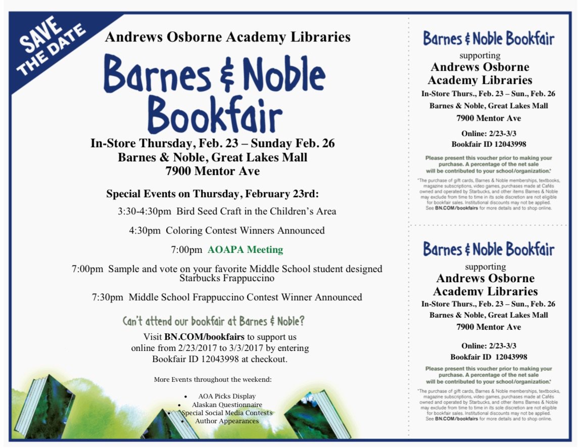 coachblasko's tweet photo. Shop @ ANY B&amp;N (w/ Book Fair I.D. 12043998/this flyer tell your cashier) 2/23-2/26 OR online 2/23-3/3 w/Book Fair I.D.@ checkout &amp; help AOA! https://t.co/i12z9H1U5Q