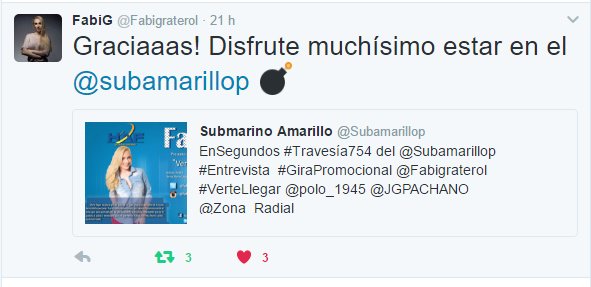 Subamarillop's tweet photo. Gracias a ti  @Fabigraterol eres hermosa, 1gran honor y 1enorme privilegio #VerteLlegar DTB TQM #besos @polo_1945 @JGPACHANO @Zona_Radial https://t.co/jvm3niJuQf