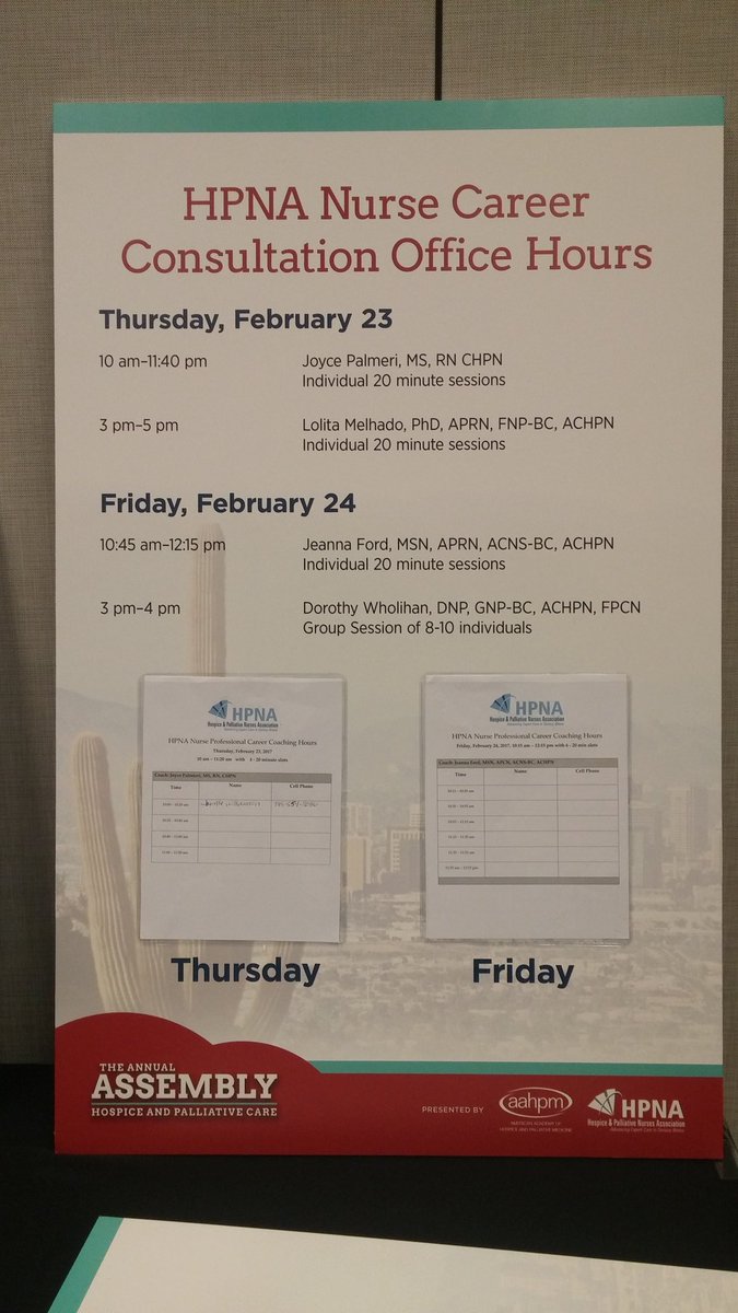 HPNAinfo's tweet image. Nursing career counseling is available on Thursday and Friday. Sign up outside of West 102c. #hpm17 #hpmrookie17 @AAHPM