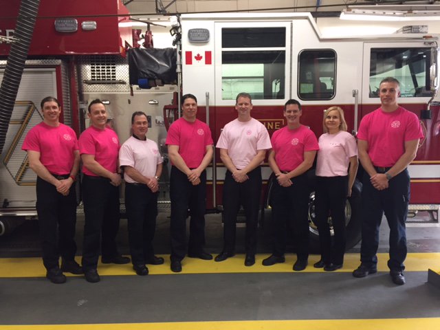 DNVFRS's tweet photo. Fire Chief Victor Penman and firefighters from Fire Station #1 in Lynn Valley, District of North Vancouver stand in support of @pinkshirtday https://t.co/1HkFQLa042