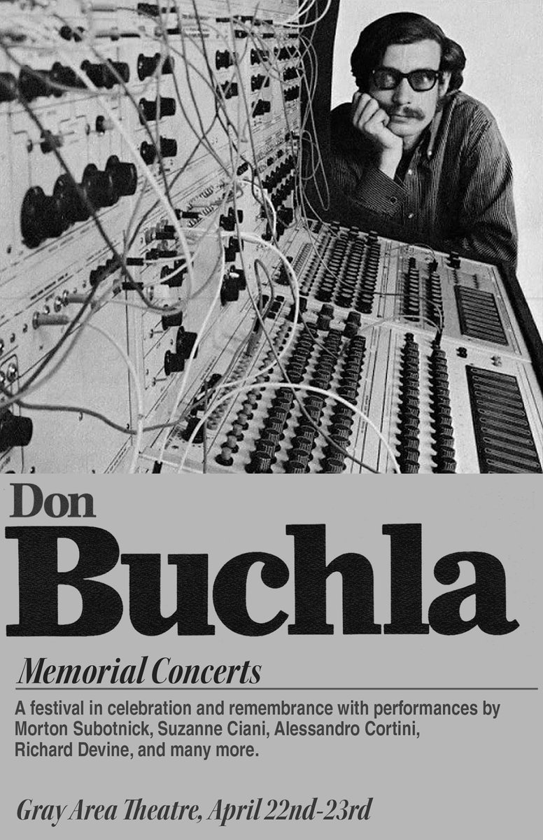 barrythrew's tweet photo. Recombinant Media Labs presents a special Don Buchla Memorial Concert, April 22/23 @GrayAreaorg https://t.co/jg8rVEQWKS https://t.co/GpibXX17Vj