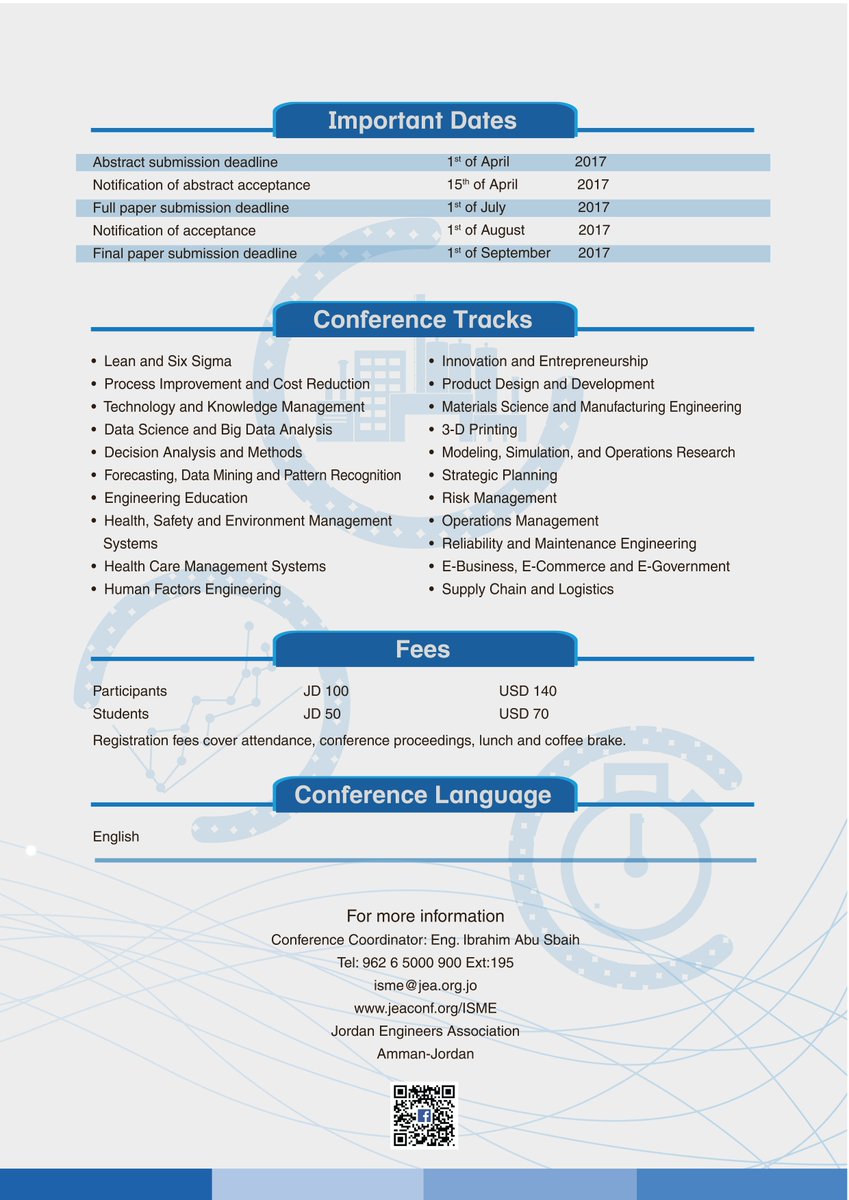 ISMEJEA's tweet photo. #Call_For_Paper
  • #Lean and #Six_Sigma
  • #Process_Improvement and #Cost_Reduction
  • #Technology and #Knowledge_Management https://t.co/7VeAPawxjj