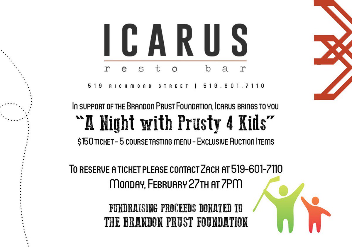 Prusty4Kids's tweet photo. #Hurry! Only a few spots left for a "Night with Prusty 4 Kids" hosted by @Icarusrestobar. Reserve 519-601-7110 @BrandonPrust8 https://t.co/fvMxoqAaWK