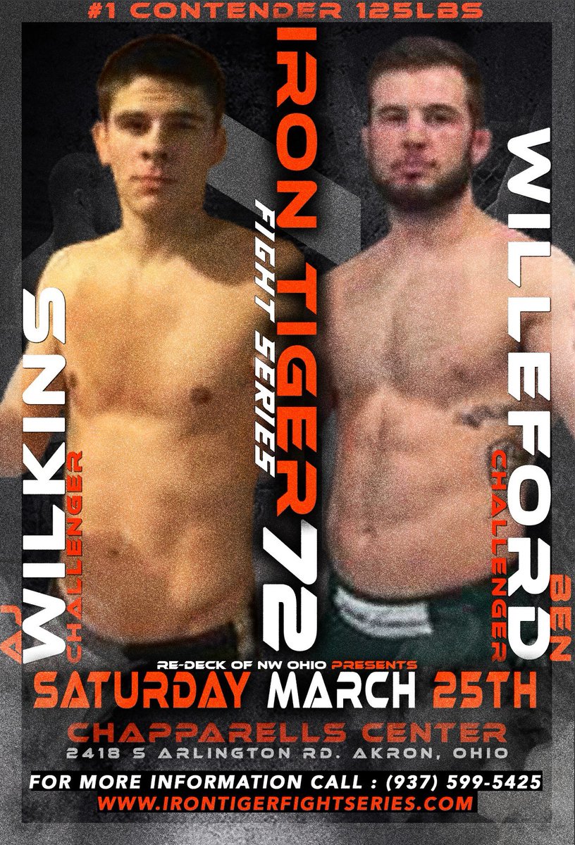 ITFightSeries's tweet photo. ITFS72 👊March 25 👊Akron Ohio 👊125# Contenders bout 👊 Wilkins vs Willeford #mma #itfs #itfightseries #ohiomma https://t.co/mFCO0cml5p