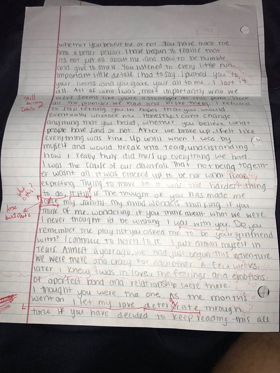 MeninistTweet's tweet image. This dude got cheated on and she wrote him an apology letter and he graded it 😭😭