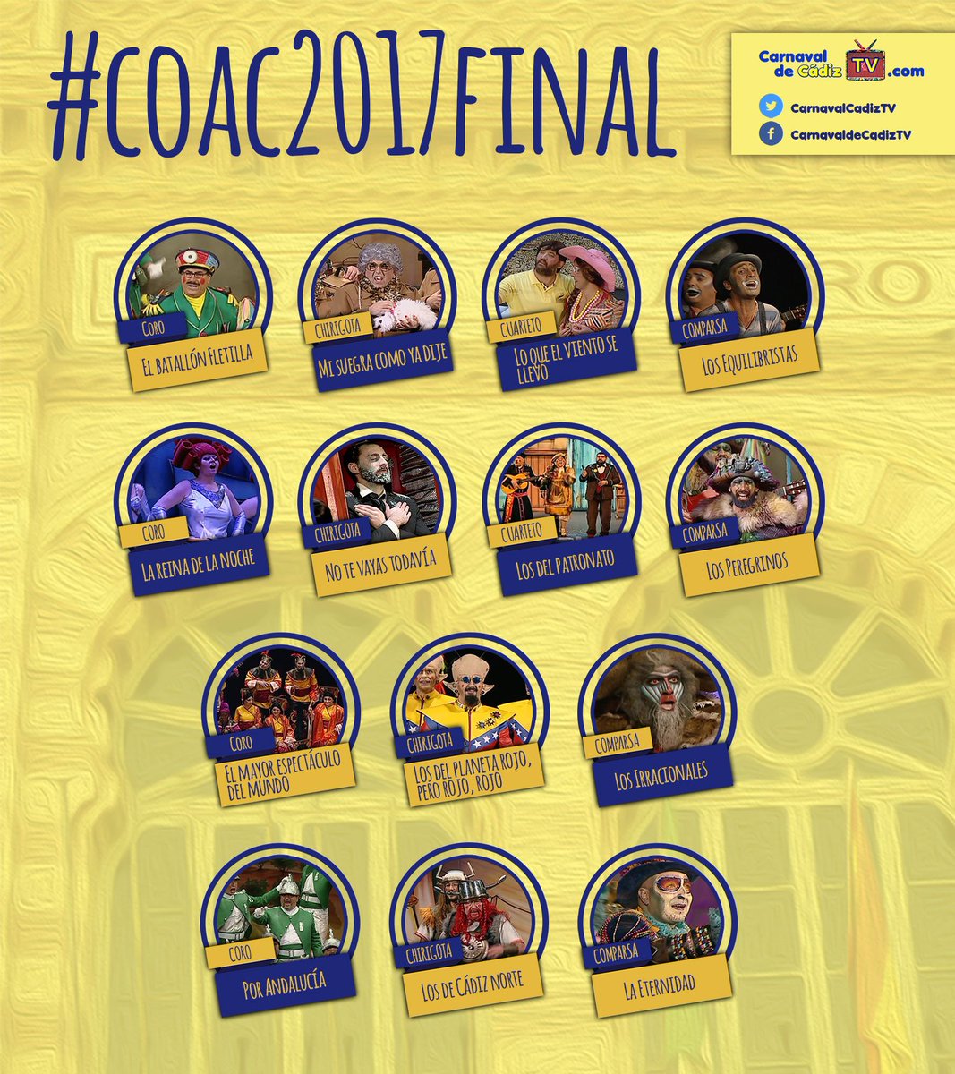 Orden de actuación de la Gran Final del COAC 2017 #COAC2017Final

FINAL: carnavaldecadiztv.com/p/final-coac-2…