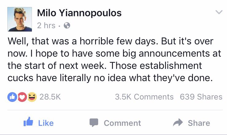 MS70Life's tweet photo. Milo's FB post from tonight.
NeverTrump was w/ her.
#ImWithMilo https://t.co/LGHF2LACLc