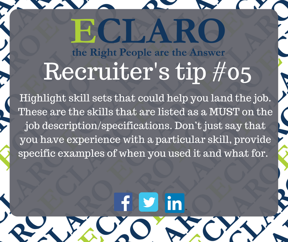 EclaroPh's tweet photo. #Recruiterstips 5.0
Always remember to highlight your relevant skillset when applying for a specific position. https://t.co/bbdOtxFXCt
