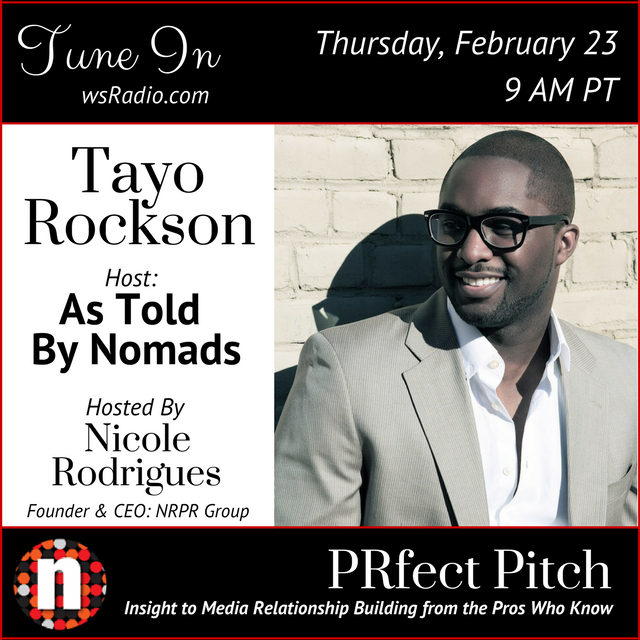 NRPRGroup's tweet image. We can&apos;t wait to have @TayoRockson on #PRfectPitch with @NicoleRPR tomorrow! Tune in at 9 AM PT: tinyurl.com/gubc86k. #TayoRocks