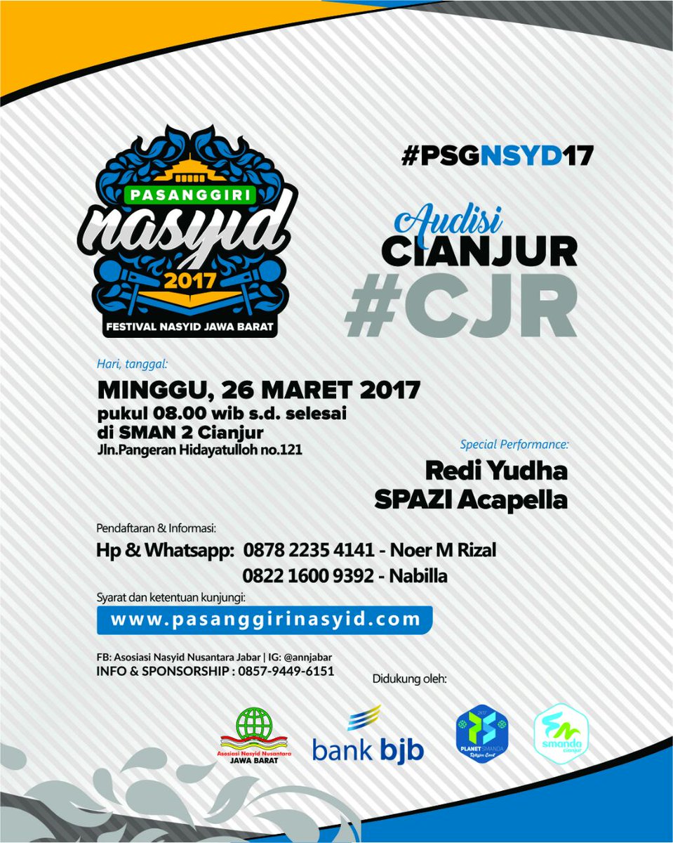 Cianjur! Punya bakat menyanyi nasyid? Bersiap u/ audisi Pasanggiri Nasyid 2017. Spesial performance by Spazi  &amp; Redi Yudha.Buruan daftar ya!