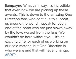 worldsworst1dua's tweet photo. π @LiamPayne thanking #Directioners for winning @onedirection The @BRITs Award for #BestBritishVideo. #BRITs (π· - Liam's IG) β€οΈοΈ https://t.co/VvnsPIY8Pf