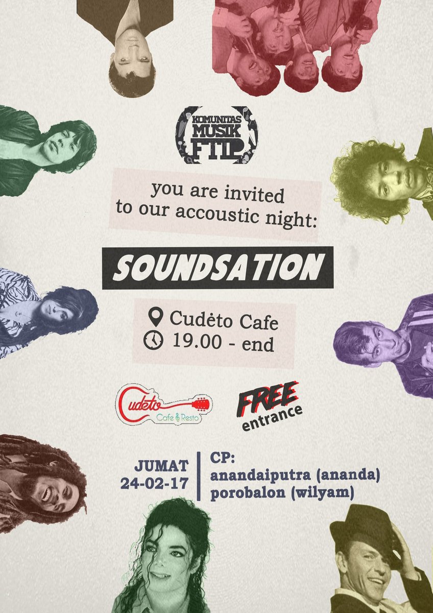 [BESOK MALAM!]
SOUNDSATION: KOMUNITAS MUSIK FTIP
Cudeto accoustic night with komunitas  musik FTIP Unpad. 7 PM sampai selesai. Free entry!