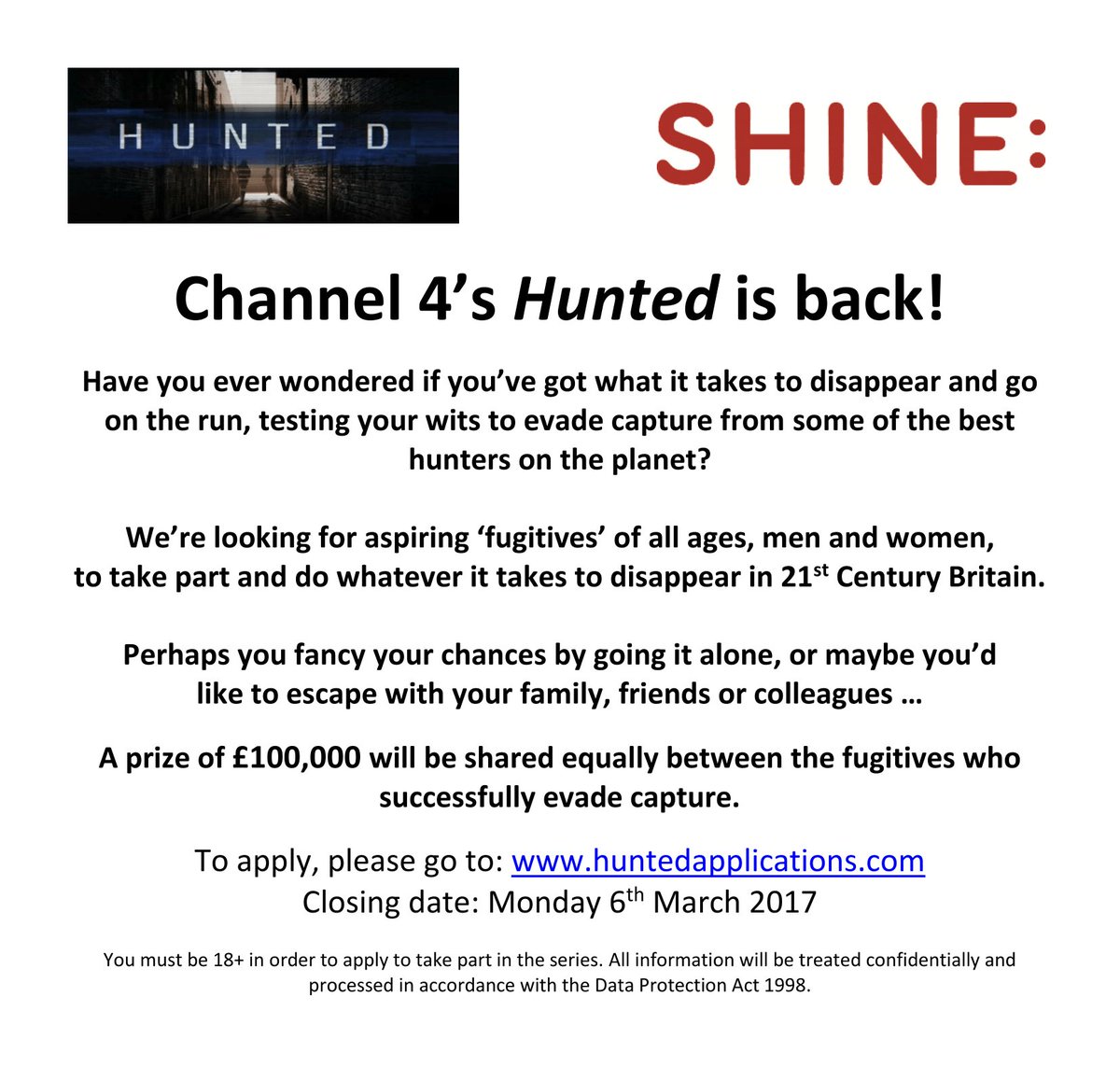 Channel 4's #Hunted is back! Think you've got what it takes to go on the run and win a share of £100K? Apply at: huntedapplications.com