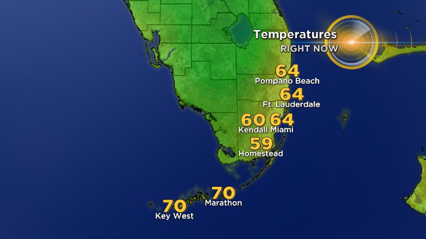 COOLER start with low 60s &amp; upper 50s in Broward &amp; Dade. 70s across Keys <a href="/CBSMiami/">CBS Miami</a> <a href="/MiamiHerald/">Miami Herald</a> #cbs4