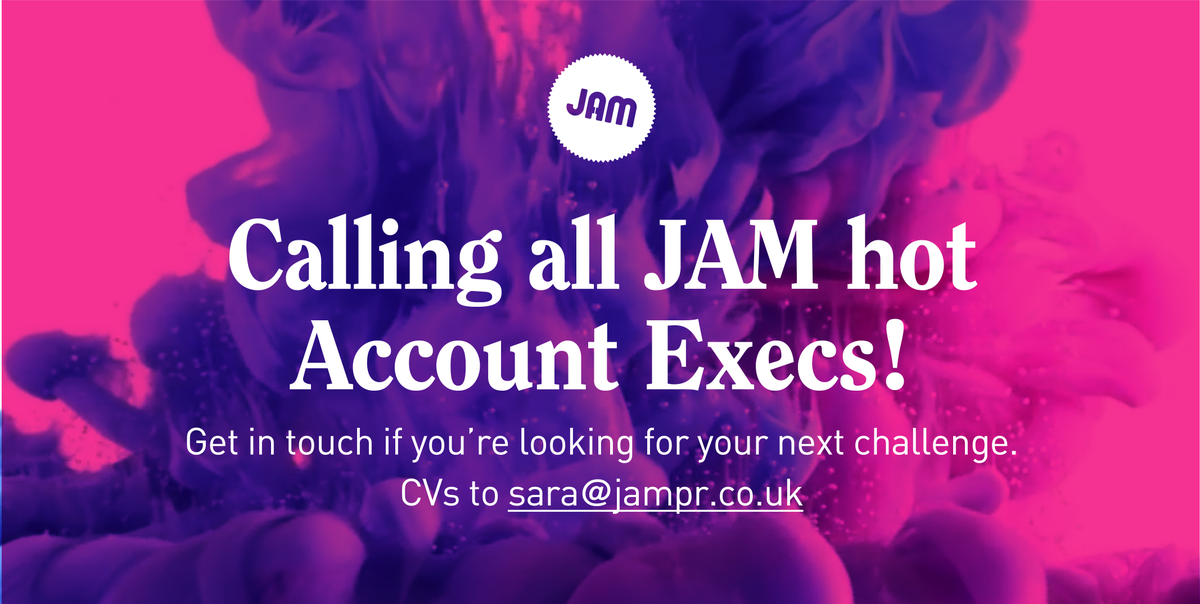 WeAreJam_'s tweet photo. Are you a JAM hot PR executive with bags of personality? We want you at JAM towers! Send CVs to sara@jampr.co.uk https://t.co/JgBJjTUXuu