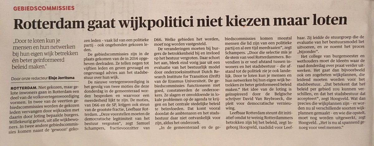 In <a href="/nrc/">NRC</a>: gelote wijkbewoners in 2 Rdamse gebiedscommissies. "Dit vergroot democr legitimiteit. #Loting betrekt bewoners" #gebiedsgericht