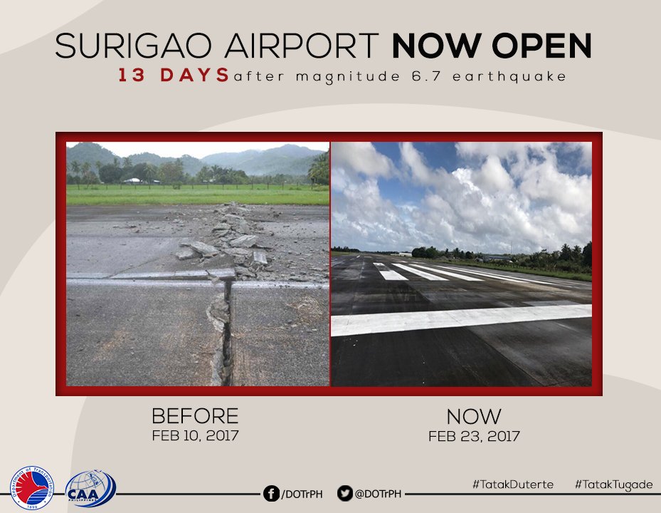 DOTrPH's tweet photo. In just 13 days, the damaged runway in Surigao was rehabilitated and the airport was declared OPEN for commercial operations. #DOTr https://t.co/iuzghj10sA