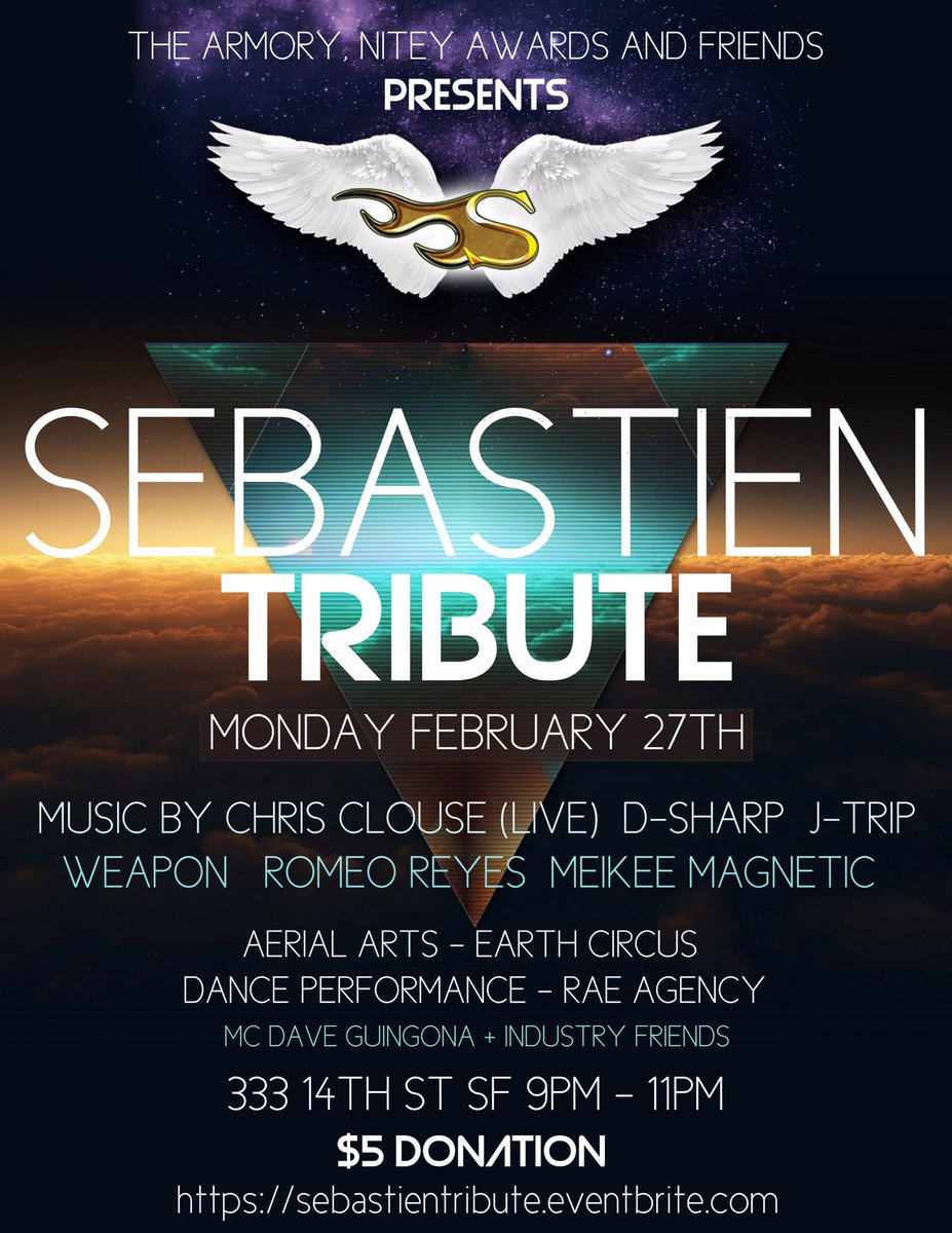 sebastienent's tweet photo. Join us Monday Feb 27 9pm-11pm for Sebastien's tribute event at @ArmoryEvents Sign Up: https://t.co/PqDnO14Mkg https://t.co/8Fip1PkOG9