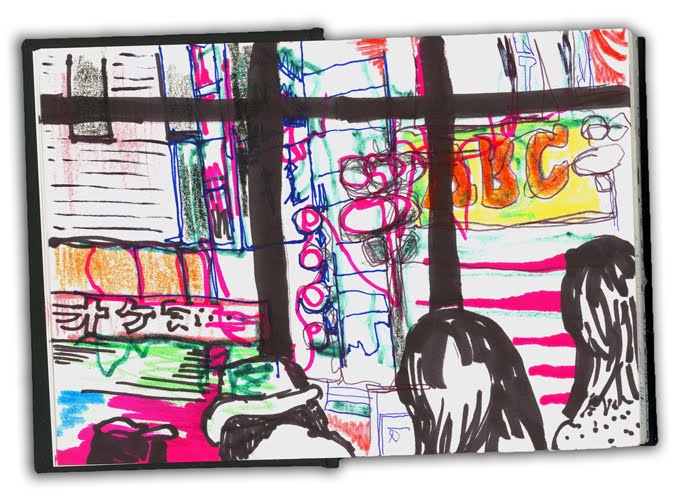 MattCStokes's tweet image. Old sketchbook page from travels in Tokyo - Shinjuku I think #neon #viewfromawindow #cityatnight