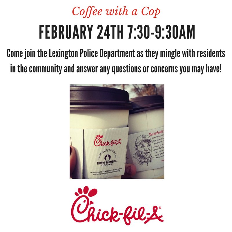 ChickfilASP's tweet photo. Don't forget to join us for #CoffeeWithACop tomorrow! Lexington Police Department Officers will be at CFA Saluda Pointe from 7:30-9:30am! https://t.co/O5AX63MwLz