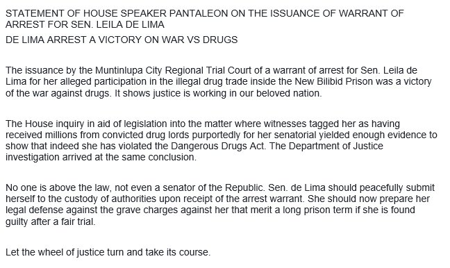 ABSCBNNews's tweet photo. Statement of House Speaker Pantaleon Alvarez on the issuance of warrant of arrest for Sen. Leila de Lima. | via @1rgcruz https://t.co/fcASL3g7Lp