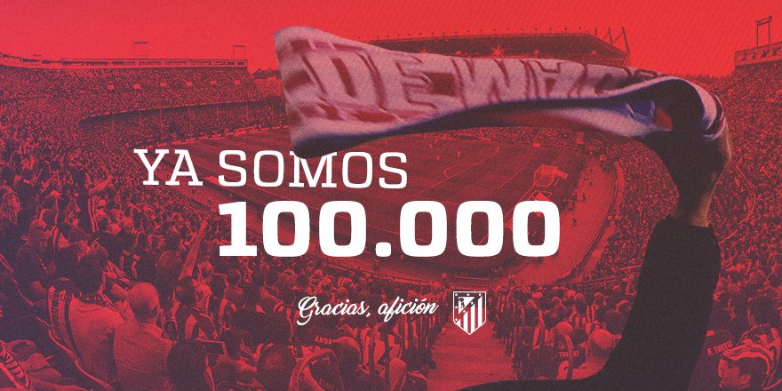Atleti's tweet image. ¡Ya somos 1️⃣0️⃣0️⃣.0️⃣0️⃣0️⃣ socios en la gran familia atlética! 🔴⚪️🔴
🏧 ¡Gracias afición! 👏👏👏
➡️ ow.ly/SYro309hpvR 
#YaSomos100MIL