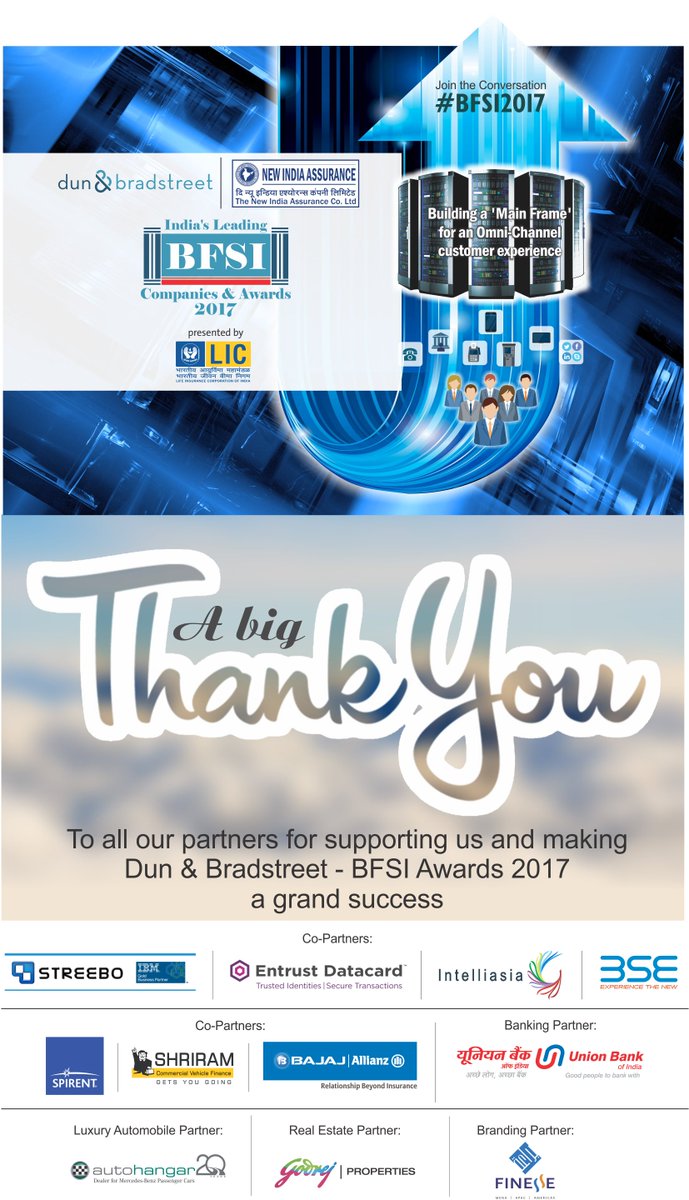 DNB_India's tweet photo. A big Thank-you to all partners for supporting us and making #BFSI2017 a grand success @niacltweets @LICIndiaPolicy @FinesseGlobal @Spirent https://t.co/kuGHtXudA1